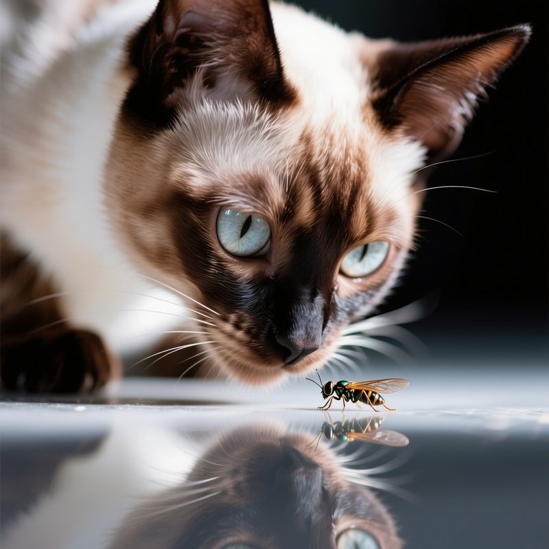 Cat Balinese Staring Intensely At Bug Light Reflection
