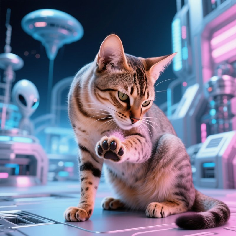 Cat-Egyptian-Mau-Licking-Paw-Wiping-Face-Science-Fiction