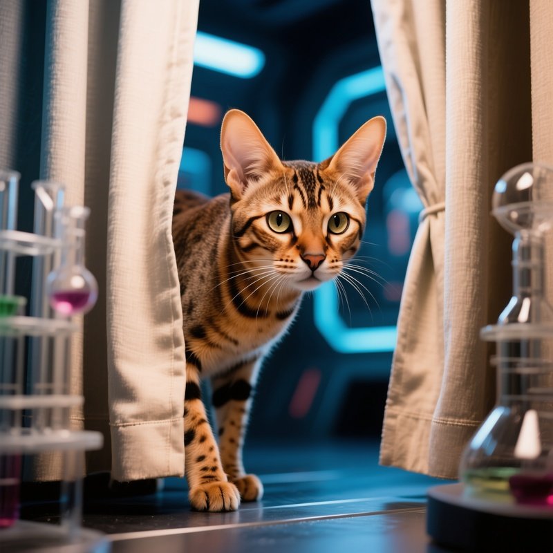 Cat Egyptian Mau Sneaking Between Curtains Science Fiction