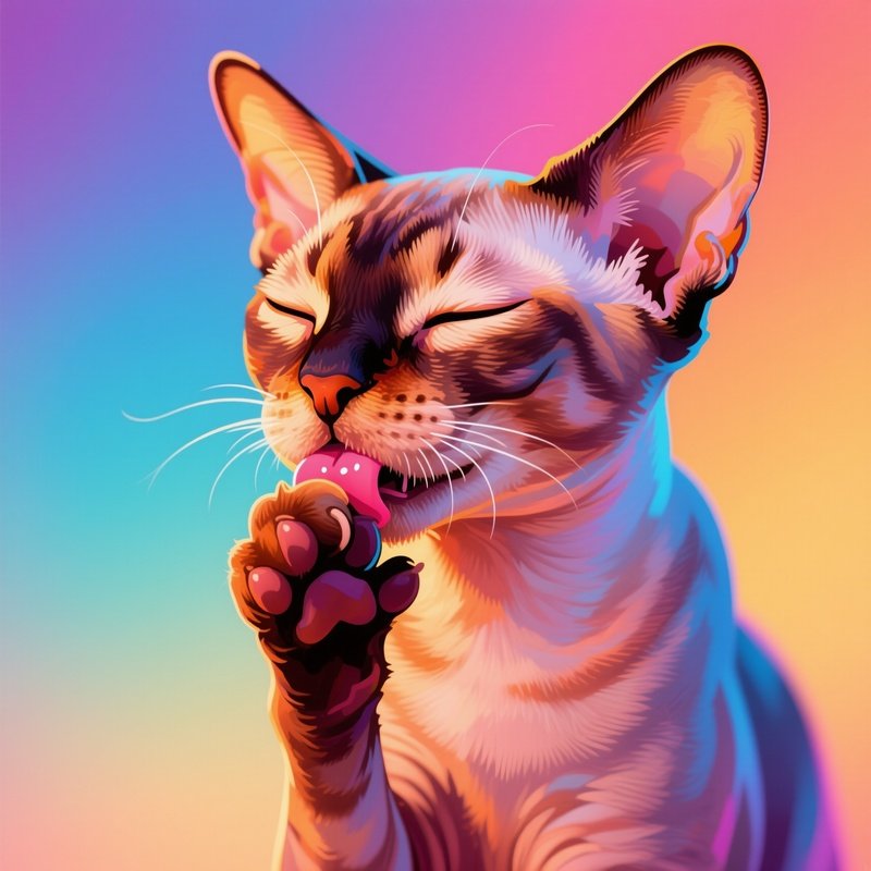Cat Exotic Shorthair Licking Paw Wiping Face Digital Art