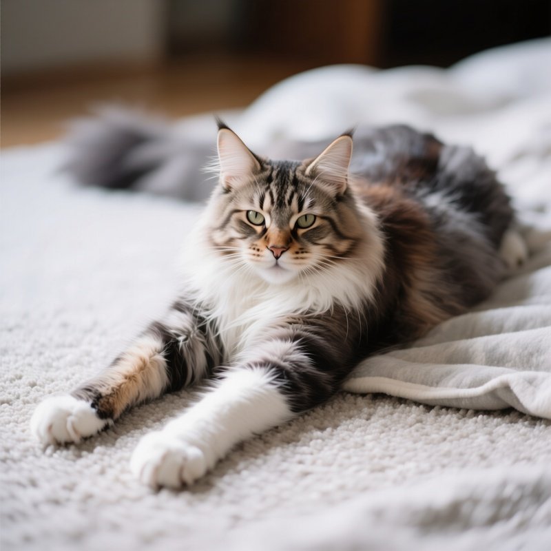 Cat-Maine-Coon-Full-Body-Stretch-With-Front-Legs-Forward