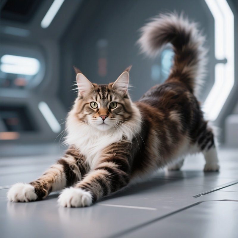 Cat-Maine-Coon-Full-Body-Stretch-With-Front-Legs-Forward-Science-Fiction