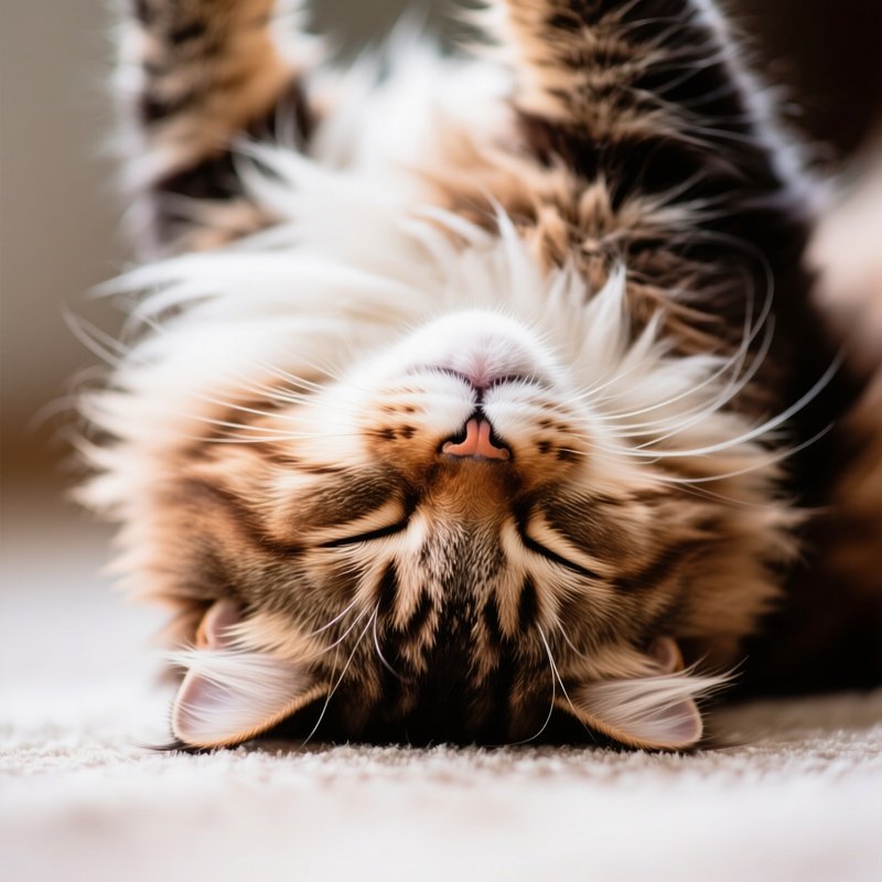 Cat Maine Coon Head Upside Down Laying On Back Sleeping