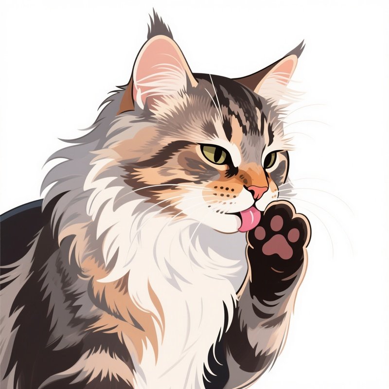 Cat-Maine-Coon-Licking-Paw-Wiping-Face-Illustration