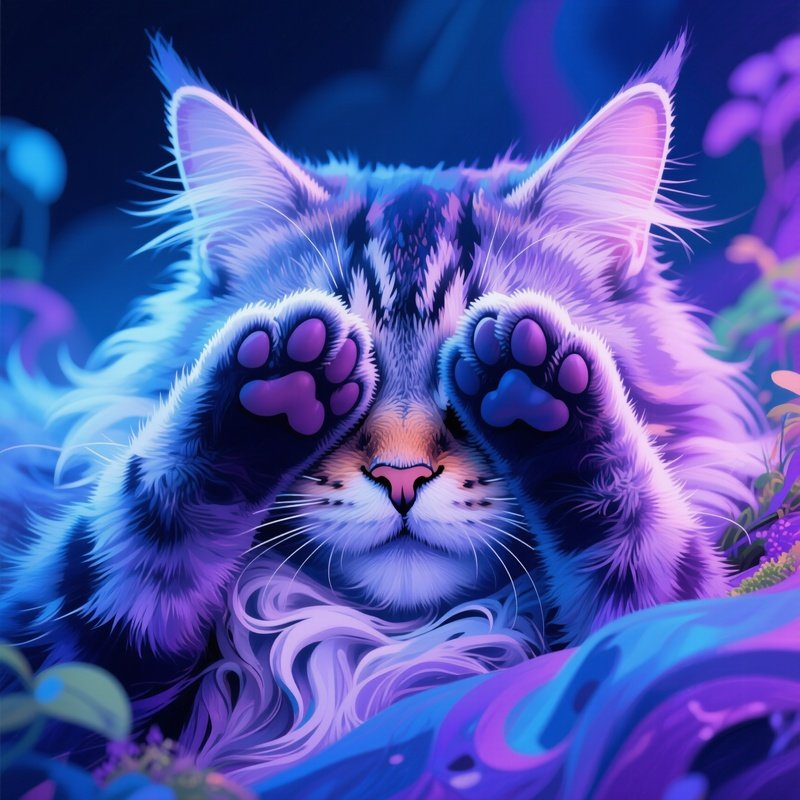 Cat Maine Coon Paws Over Face Sleeping Abstract