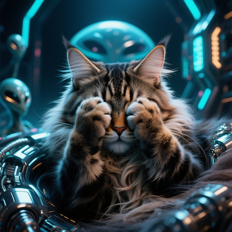 Cat Maine Coon Paws Over Face Sleeping Science Fiction