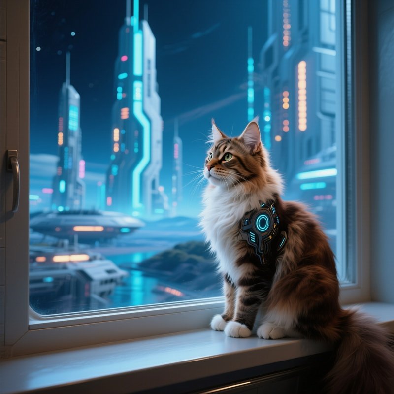 Cat Maine Coon Perched On A Windowsill Looking Outside Science Fiction