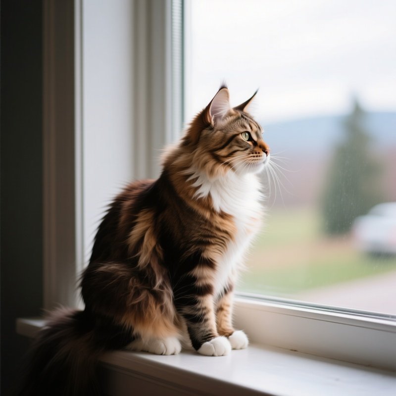 Cat Maine Coon Perched On A Windowsill Looking Outside