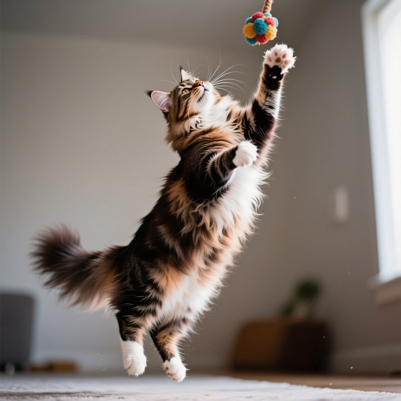 Cat Maine Coon Playing With A Toy In The Air