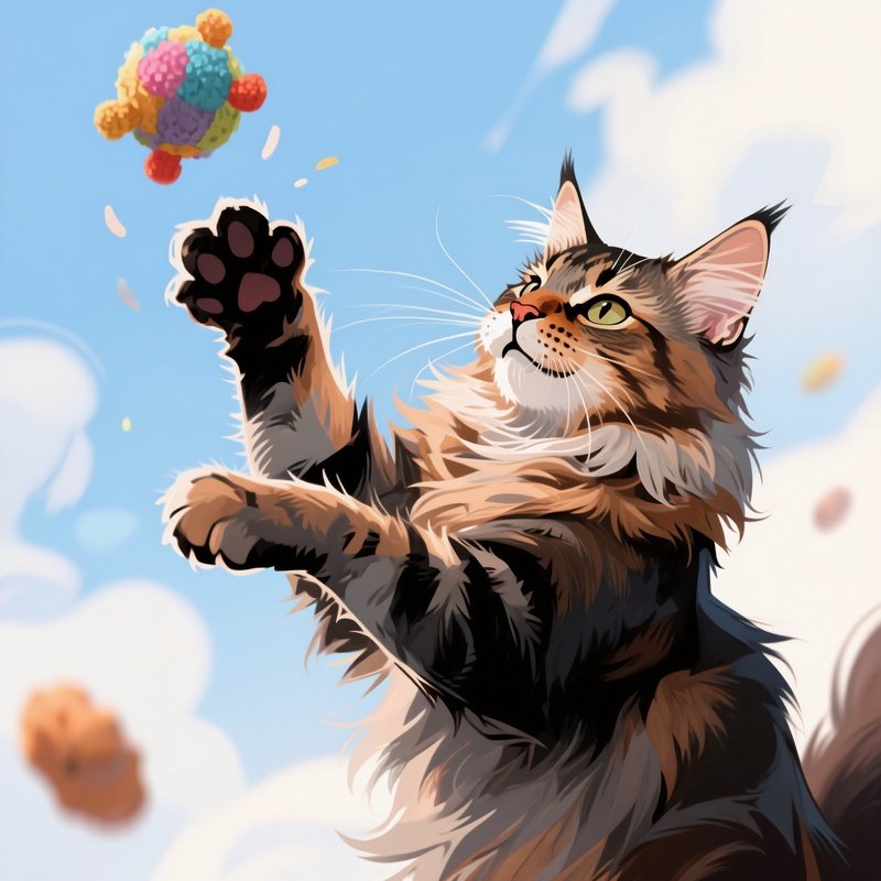 Cat Maine Coon Playing With A Toy In The Air