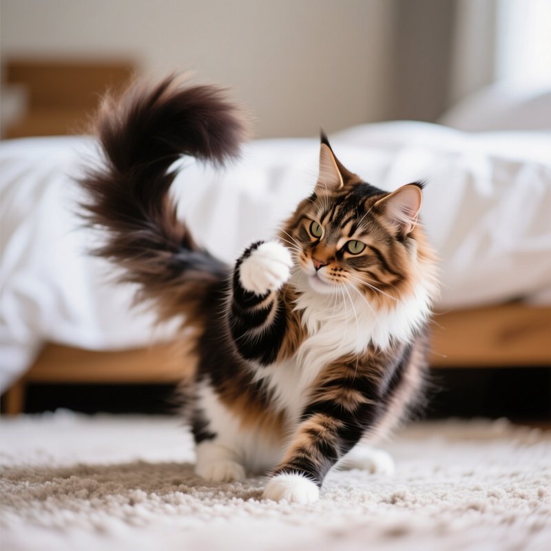 Cat Maine Coon Playing With Tail In Playful Mood