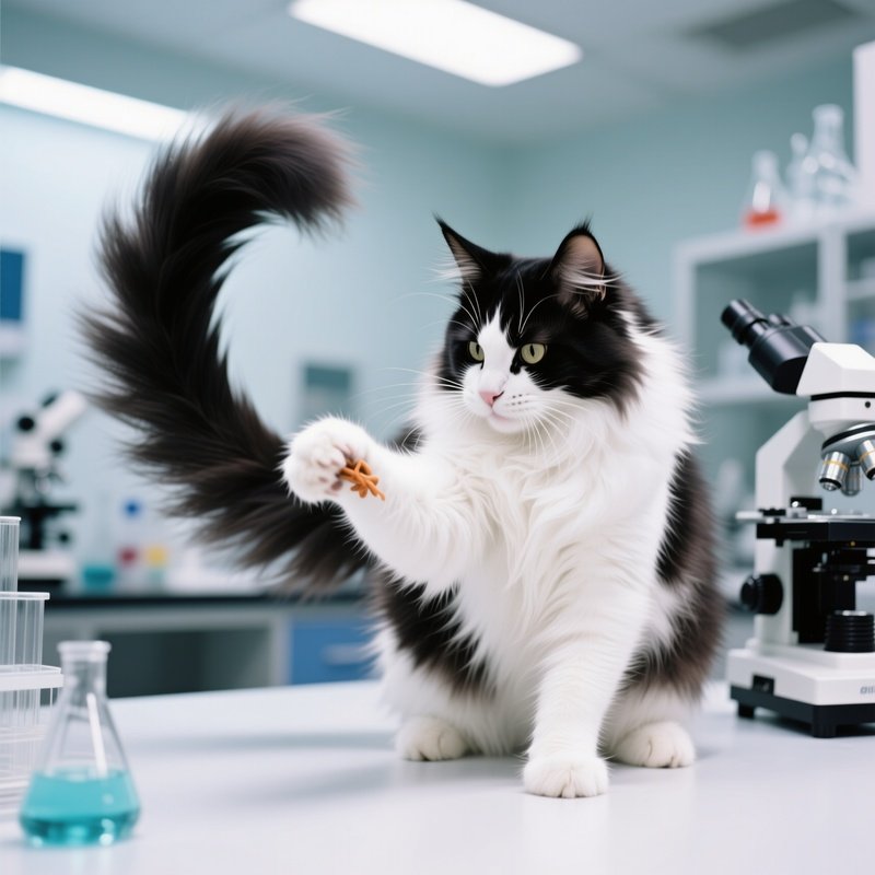 Cat Maine Coon Playing With Tail In Scientific Experiment