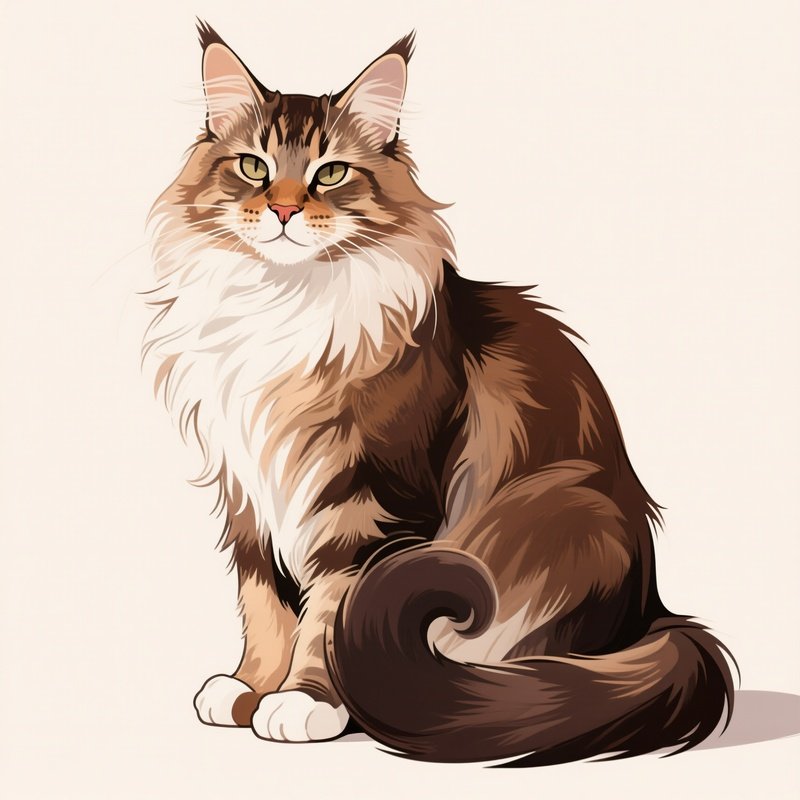 Cat Maine Coon Sitting With Tail Wrapped Around Paws Illustration