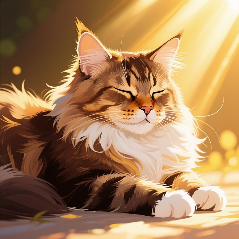 Cat Maine Coon Sleeping In A Sunbeam Illustration