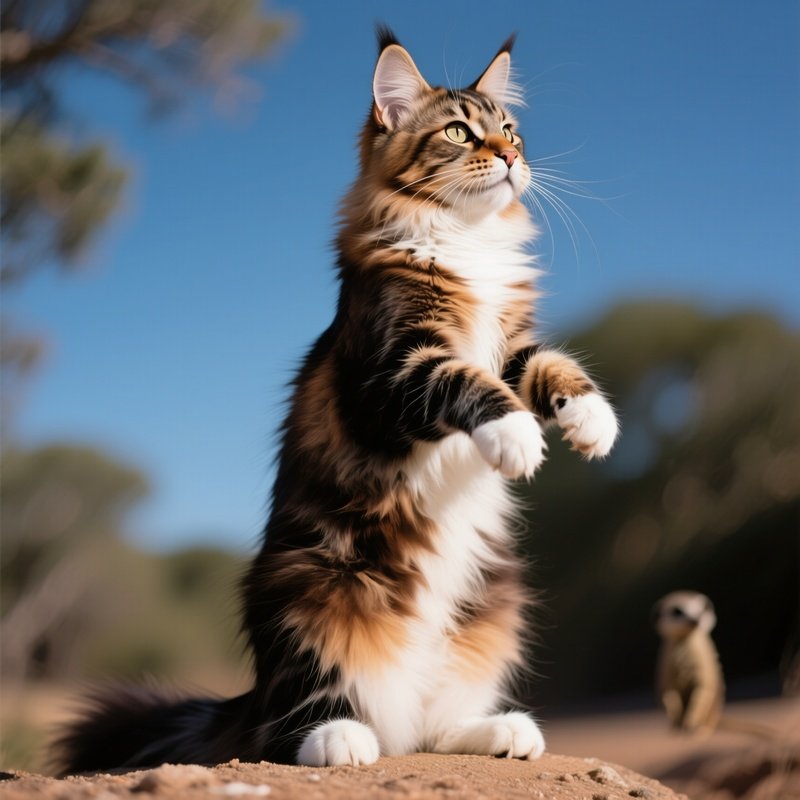 Cat Maine Coon Standing On Hind Legs Like A Meerkat Posing
