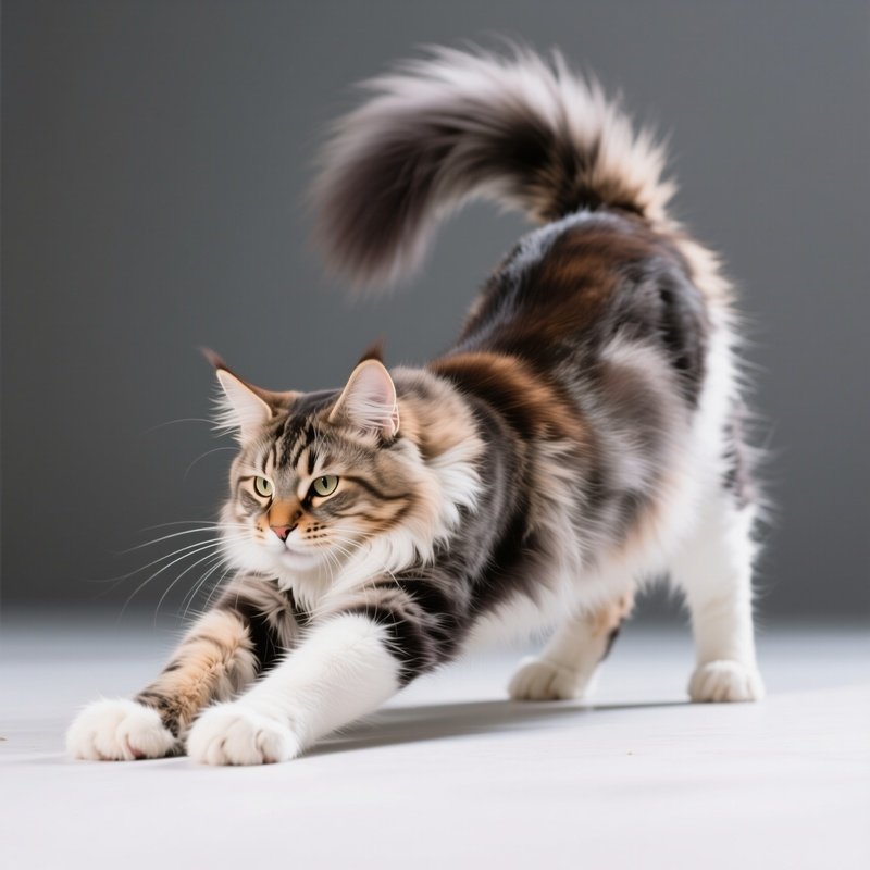 Cat Maine Coon Stretching With Arched Back