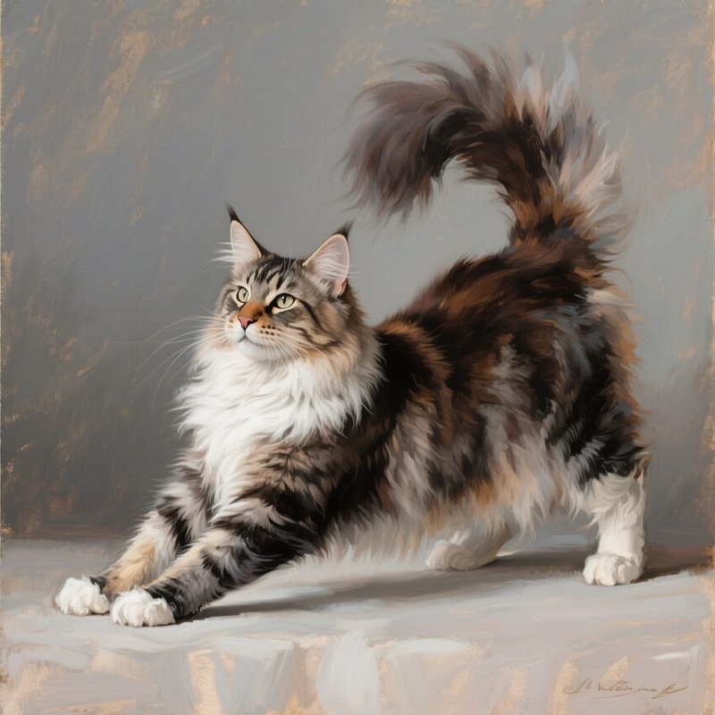 Cat Maine Coon Stretching With Arched Back Still Life