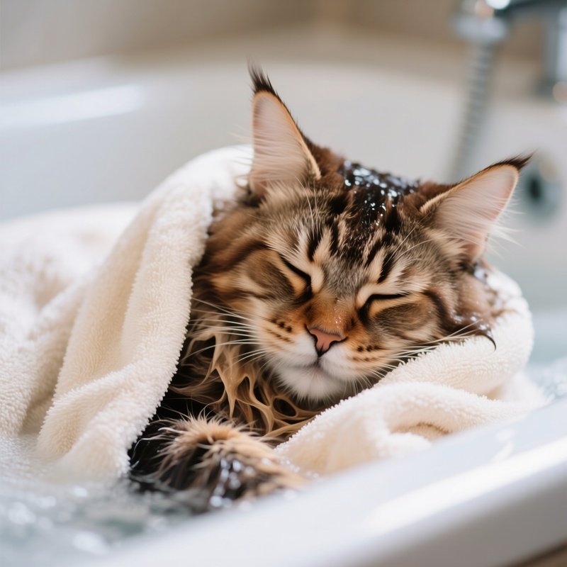 Cat Maine Coon Wrapped In Towel After Bath