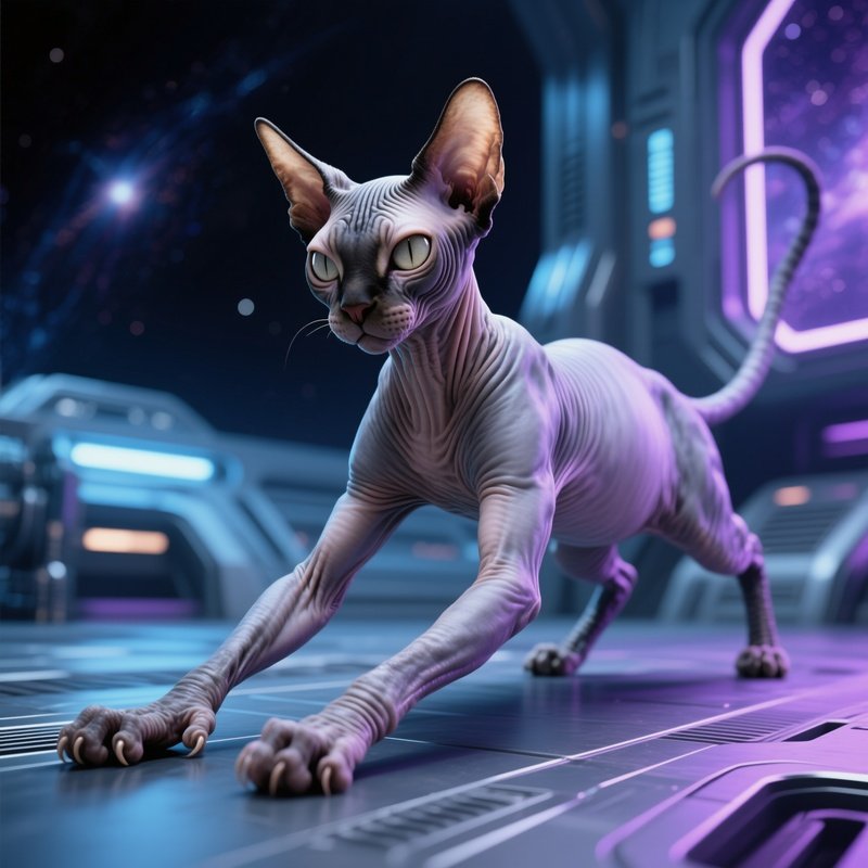 Cat-Manx-Full-Body-Stretch-With-Front-Legs-Forward-Science-Fiction