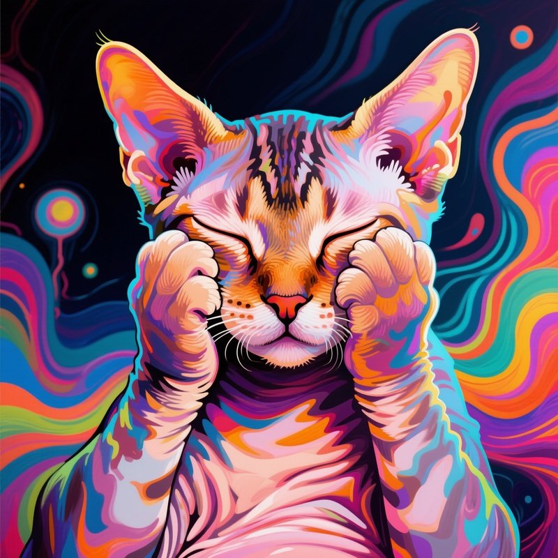 Cat Manx Paws Over Face Sleeping Abstract Art