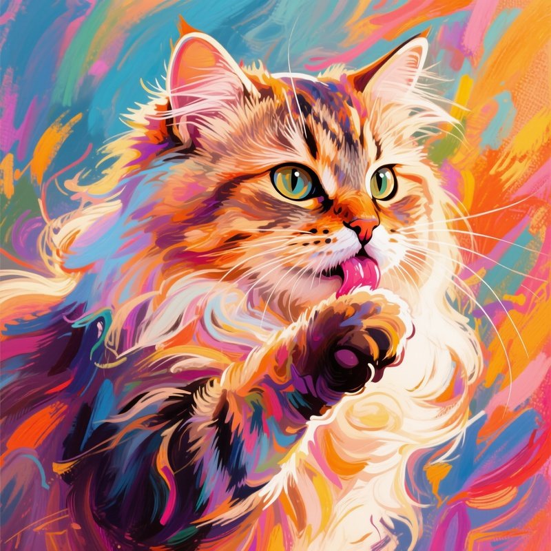 Cat Persian Licking Paw Wiping Face Abstract