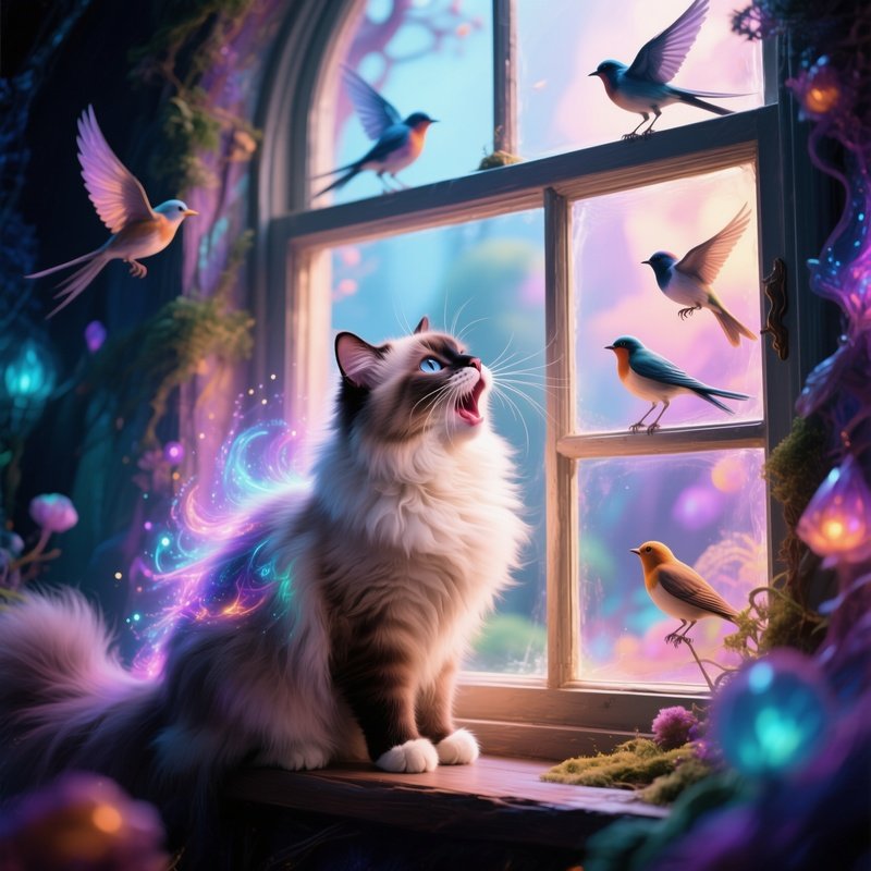 Cat Ragamuffin Chirping At Birds Through The Window Fantasy