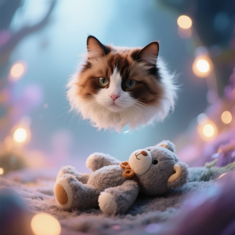 Cat Ragamuffin Head Resting On Stuffed Animal Fantasy