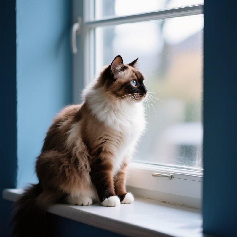 Cat Ragamuffin Perched On A Windowsill Looking Outside