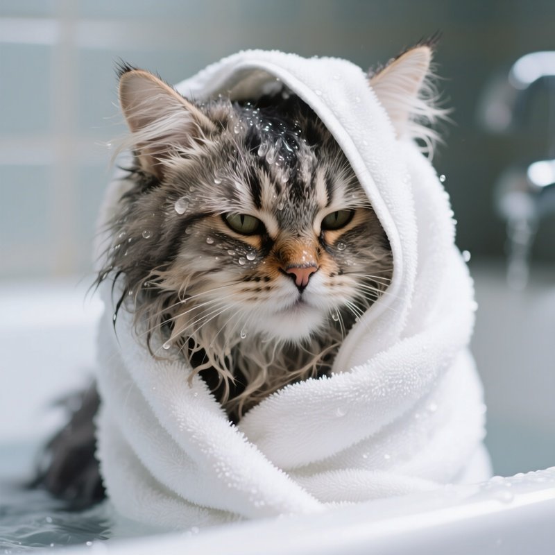 Cat Ragamuffin Wrapped In A Towel After Bath