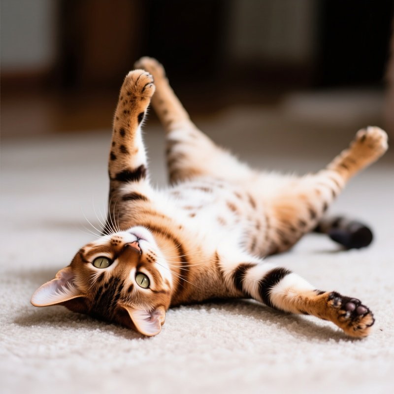 Cat Savannah Laying Belly Down With Hind Legs Stretched Out Superman Pose