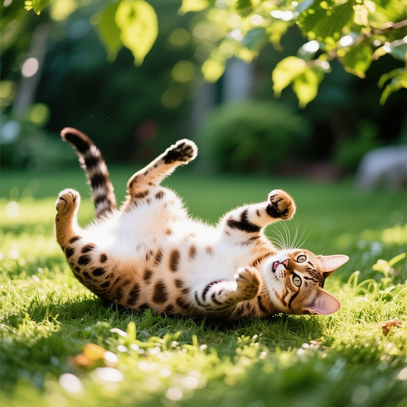 Cat-Savannah-Rolling-Over-Playfully-In-Garden