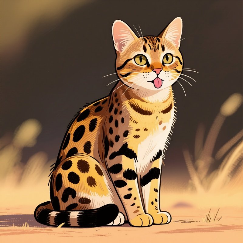Cat Savannah Tongue Out Illustration
