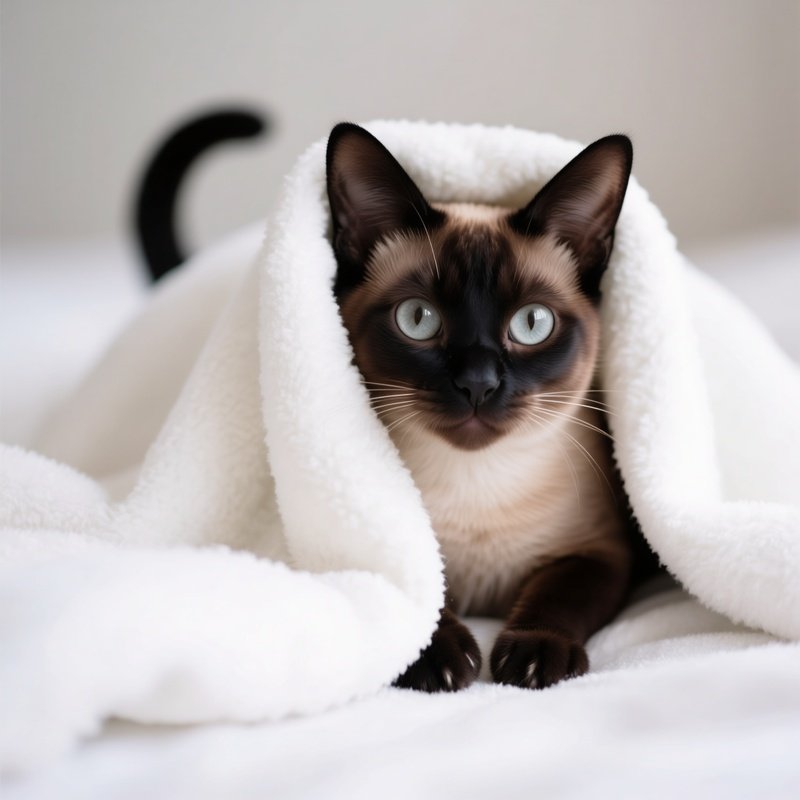 Cat Siamese Peeking Out From Under Blanket