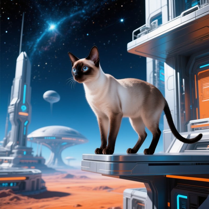 Cat Siamese Perched On Top Of A High Shelf Science Fiction