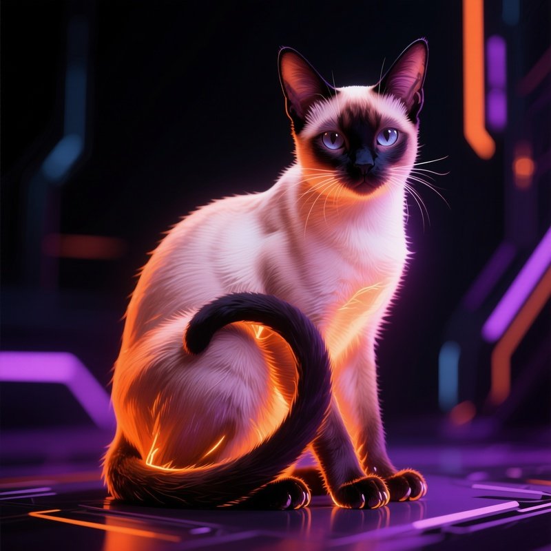 Cat Siamese Sitting With Tail Wrapped Around Paws Abstract