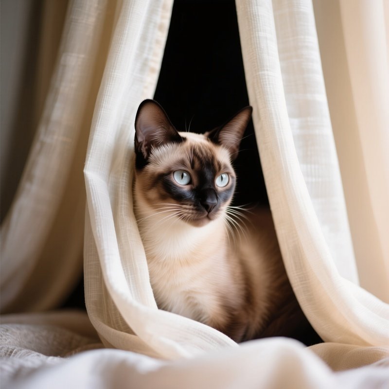 Cat Tonkinese Sneaking Between Curtains