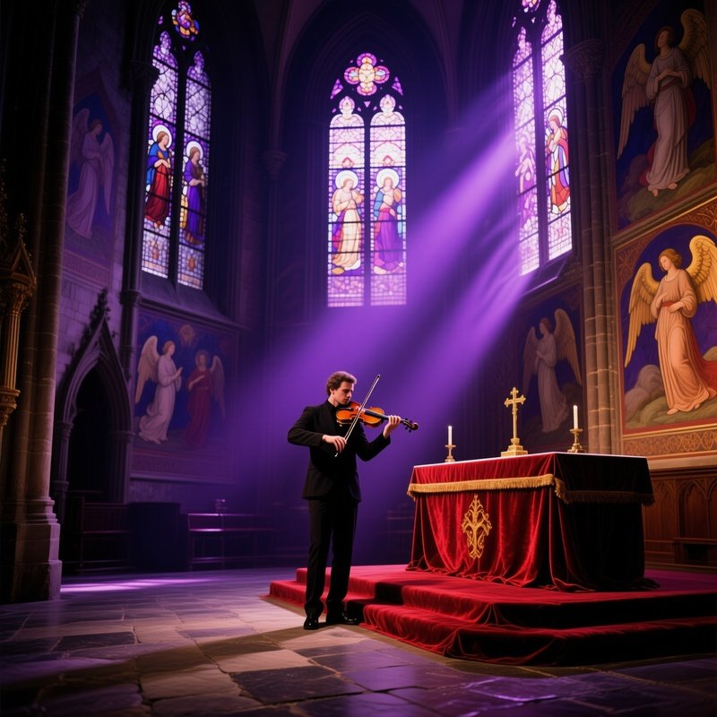 Cathedral Nave Violet Twilight Violinist