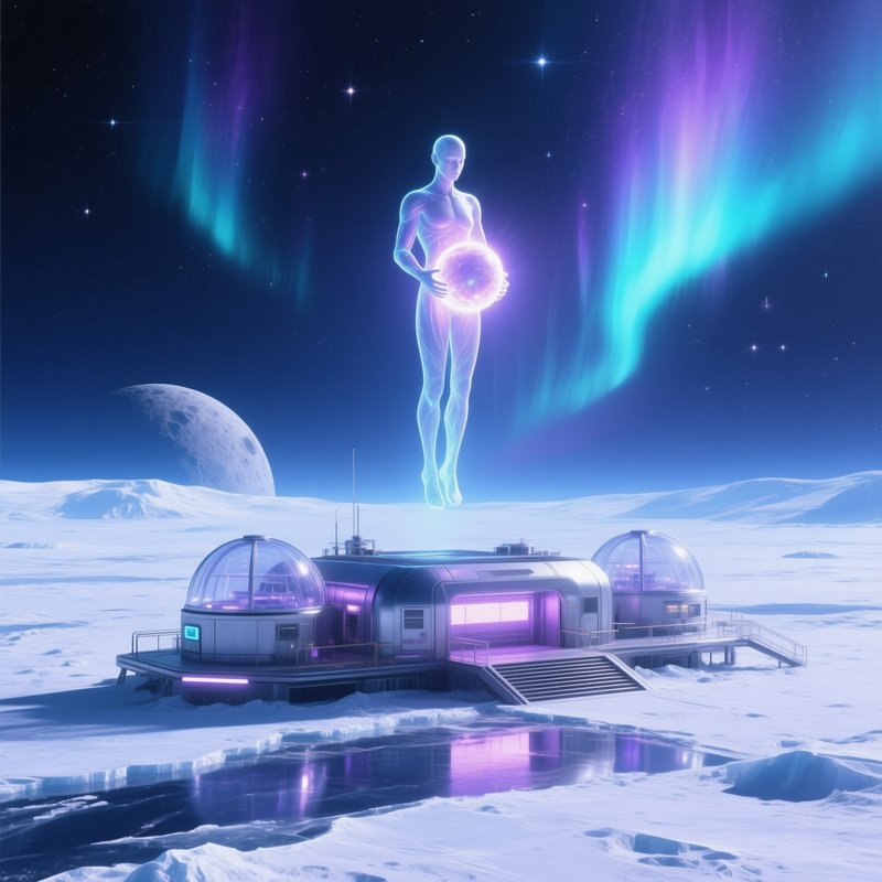 Celestial Messenger Delivering Glowing Orb To Futuristic Research Station On Icy Moon