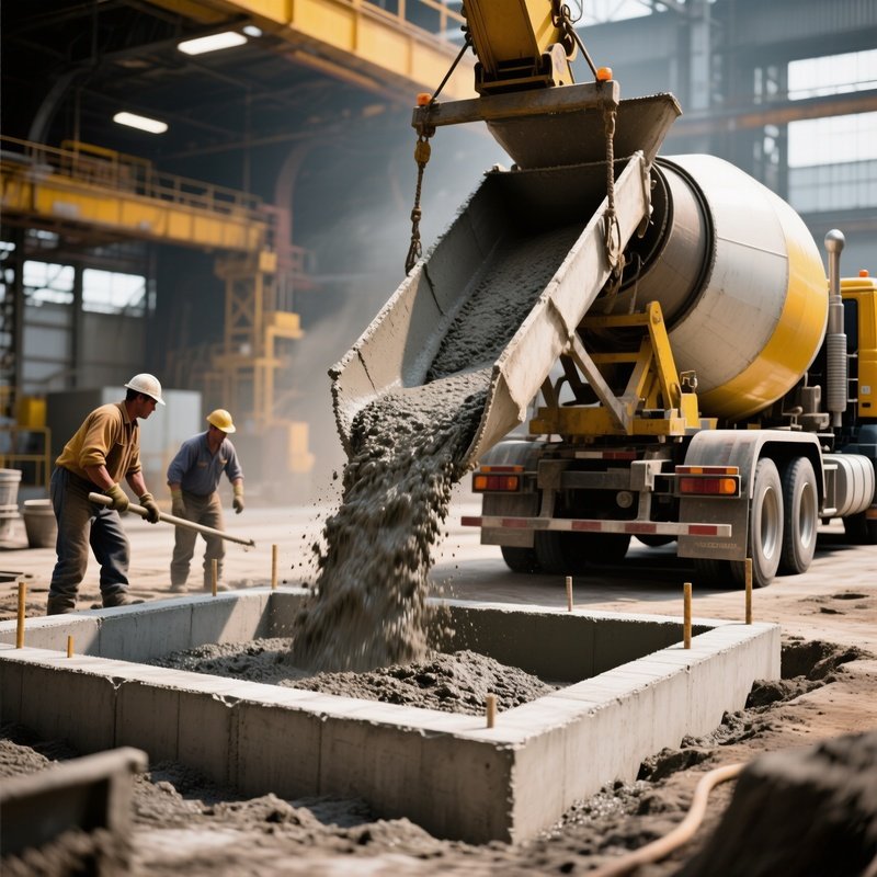 Cement Truck Unloading Mix Into Foundation Mold