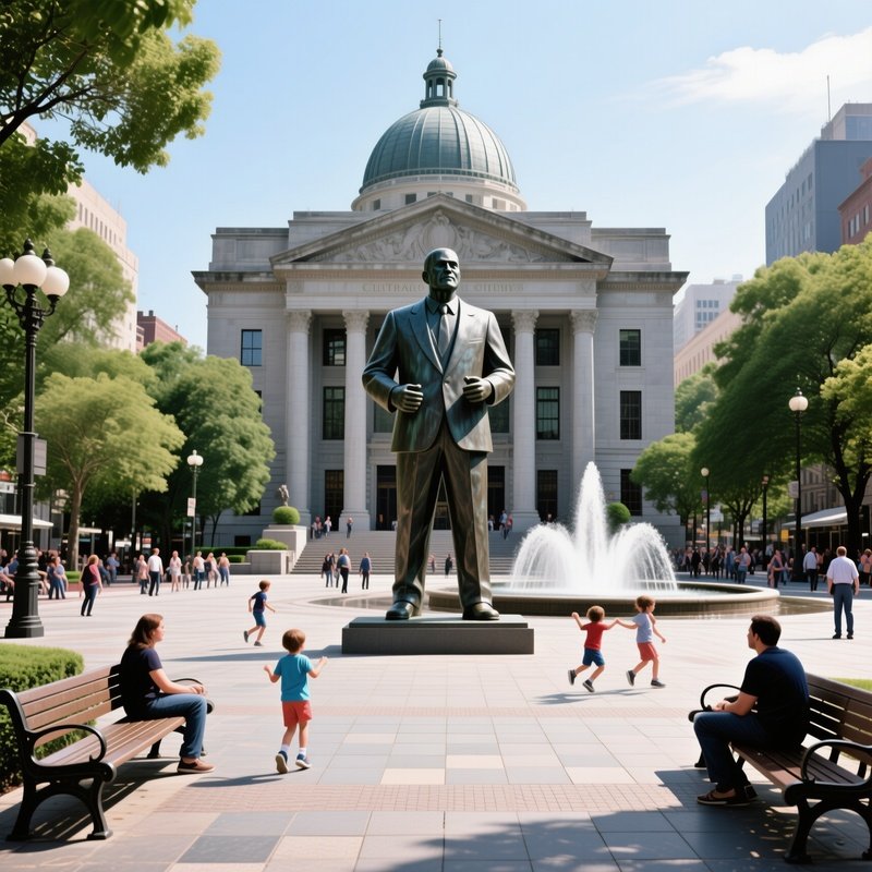 Central Bank Monument With Sculpture And Public Square