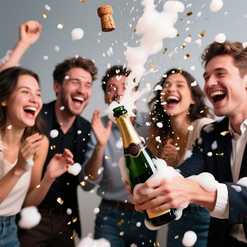 Champagne Pop: A Group Of Friends Reacting And Laughing As Someone Pops A Champagne Cork, Foam Spraying Everywhere.