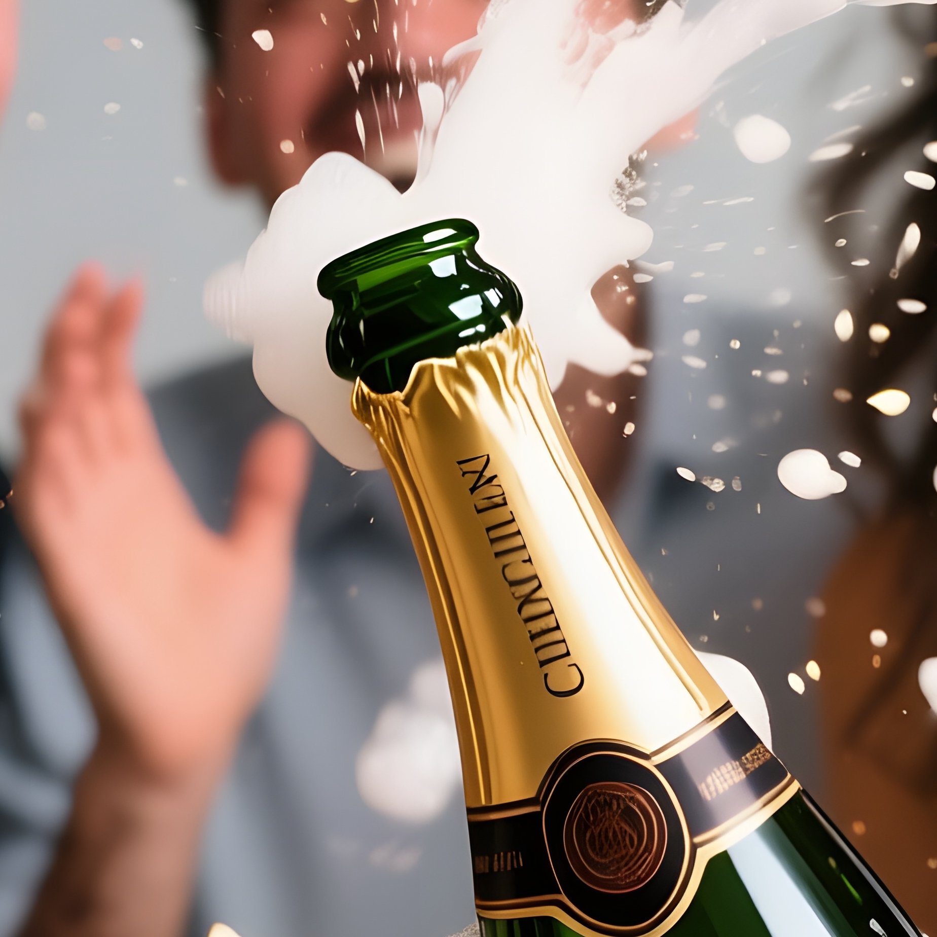 Champagne Pop: A Group Of Friends Reacting And Laughing As Someone Pops A Champagne Cork, Foam Spraying Everywhere. - Full Resolution Quality Preview