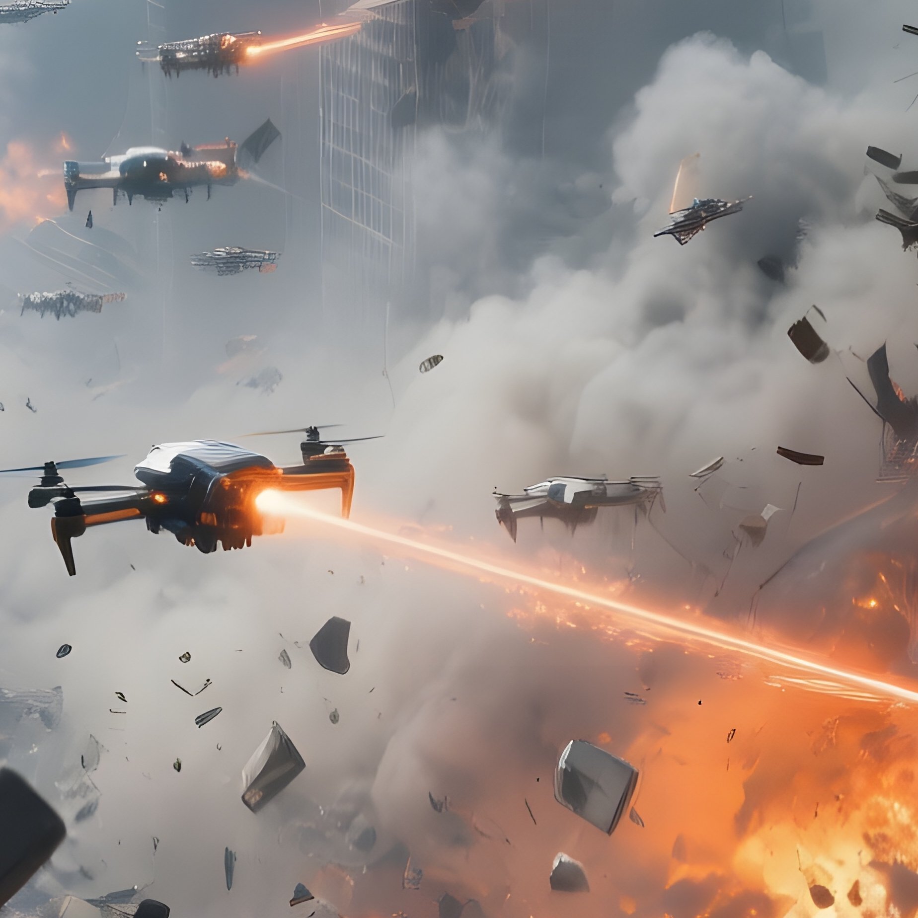 Chaotic Battlefield Futuristic Drones Ruined Cityscape - Full Resolution Quality Preview