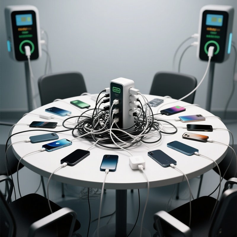 Charging Station: A Central Table Filled With Various Charging Cables And Mobile Phones Plugged In, Creating A Tangled Web.