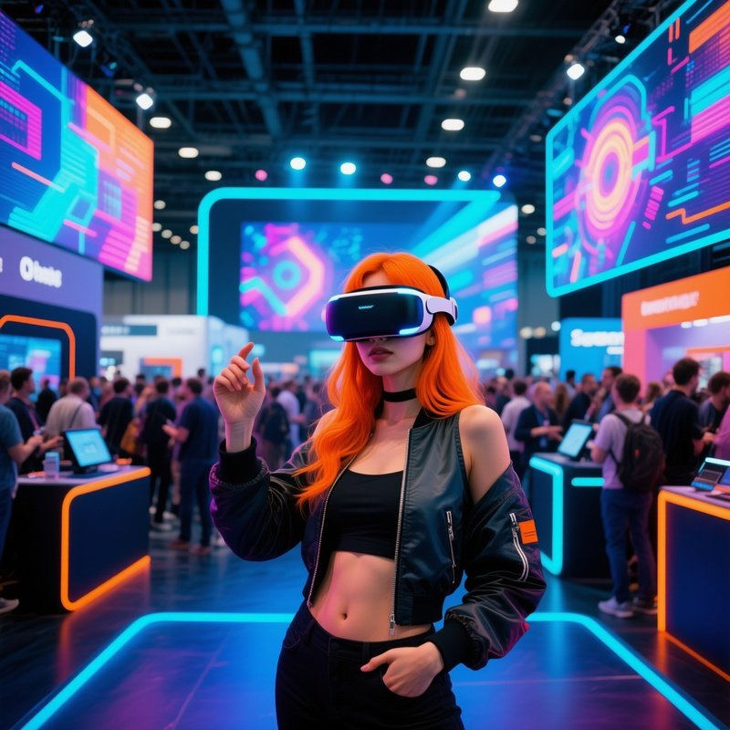 Charismatic Influencer Demonstrating Ar Headset At Tech Expo
