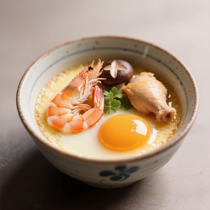 Chawanmushi Savory Steamed Egg Custard With Shrimp, Mushroom, And Chicken