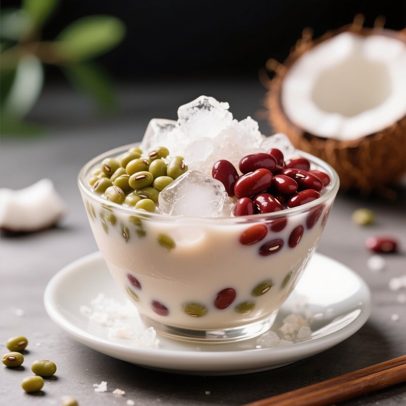 Chè Ba Màu Dessert With Mung Beans, Red Beans, Jelly, Coconut Milk, And Crushed Ice