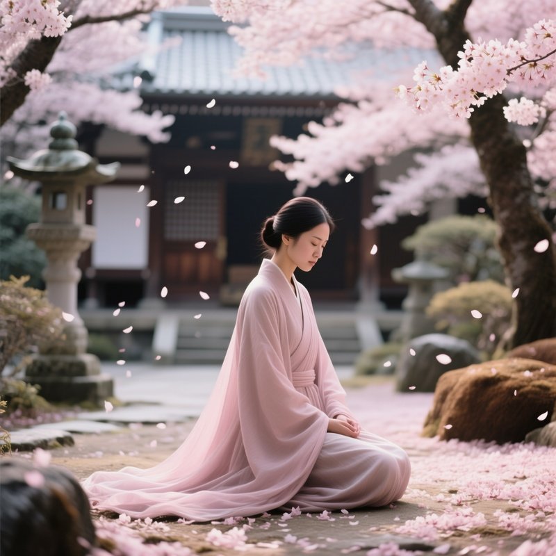 Cherry Blossom Petals Drift Through Air As She Kneels Calmly In A Quiet Temple Garden