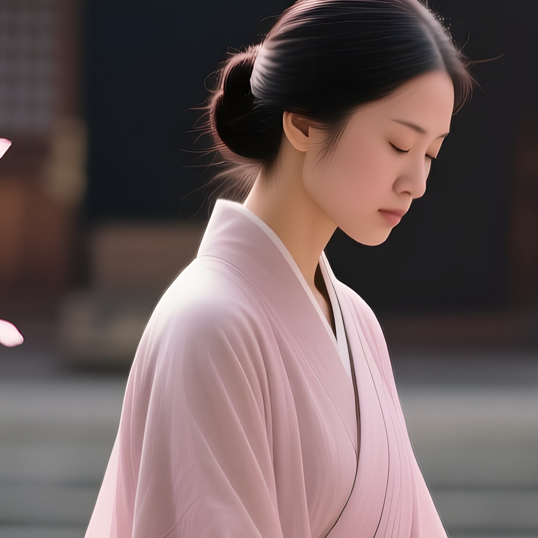 Cherry Blossom Petals Drift Through Air As She Kneels Calmly In A Quiet Temple Garden - Full Resolution Quality Preview