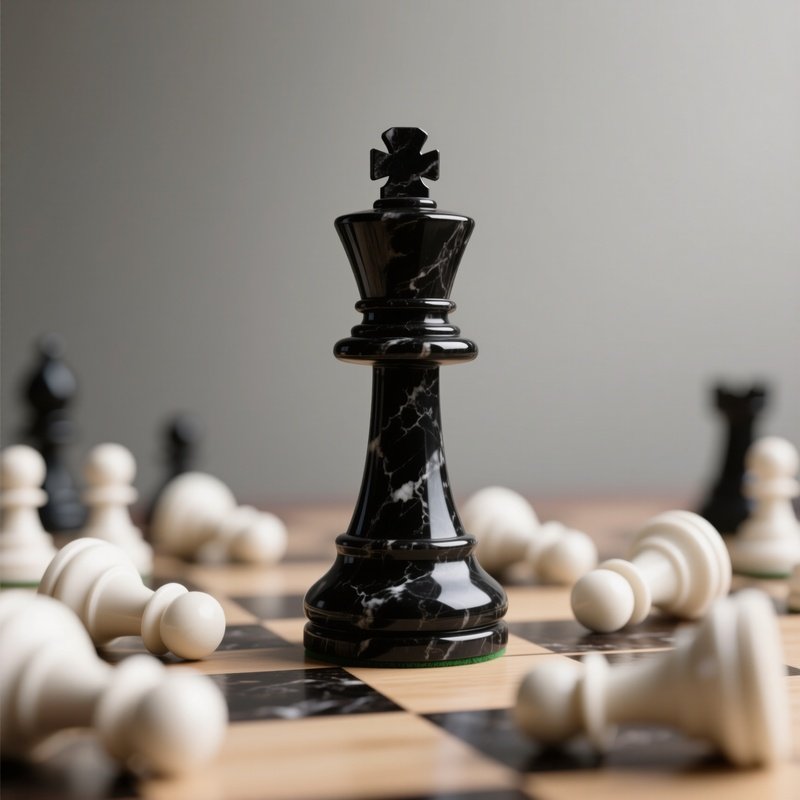 Chess King: A Close Up Of A Black Marble King Chess Piece Standing Alone On A Board, Surrounded By Fallen White Pawns, Symbolizing Strategic Victory And Dominance.